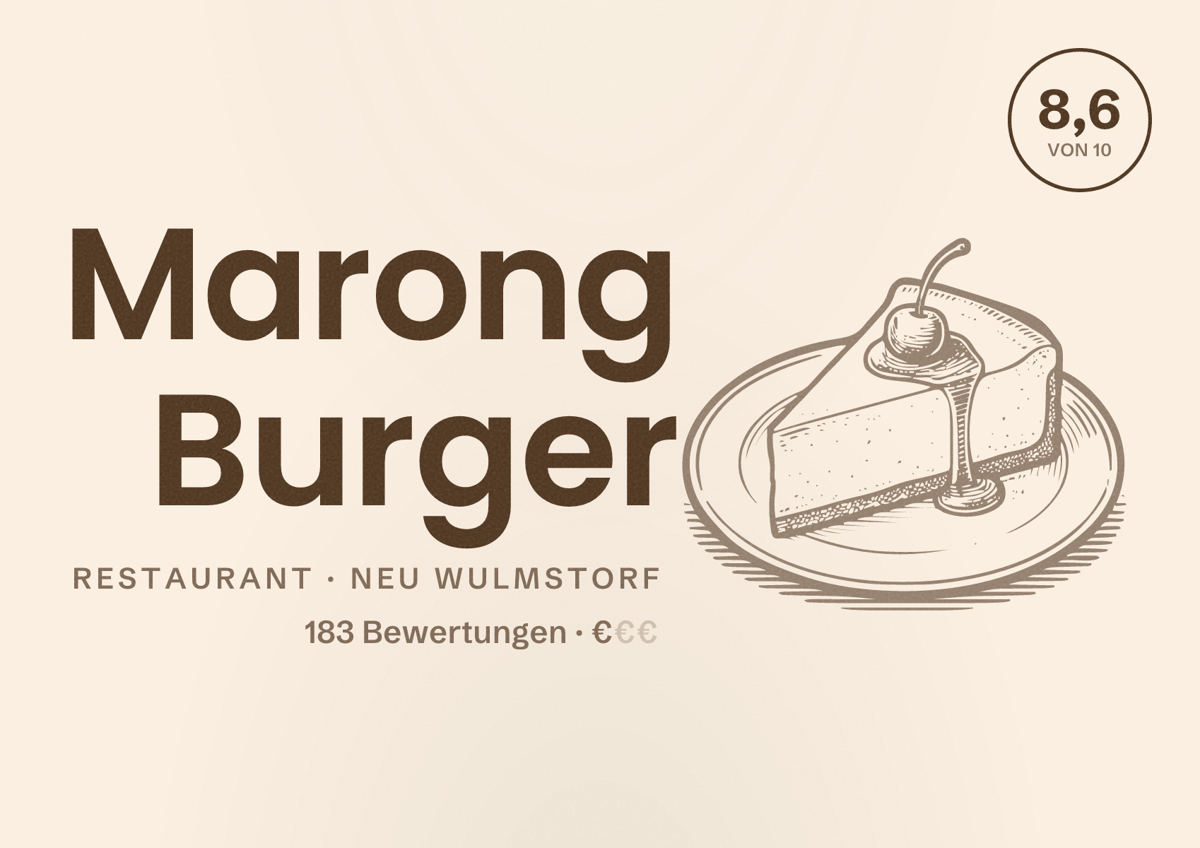 Illustriertes Poster von Marong Burger, Restaurant in Neu Wulmstorf: Bewertung 8,6 von 10 aus 183 Bewertungen, Preisniveau €
