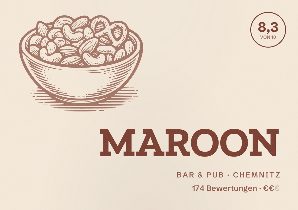 Illustriertes Poster von MAROON, Bar & Pub in Chemnitz: Bewertung 8,3 von 10 aus 174 Bewertungen, Preisniveau €€