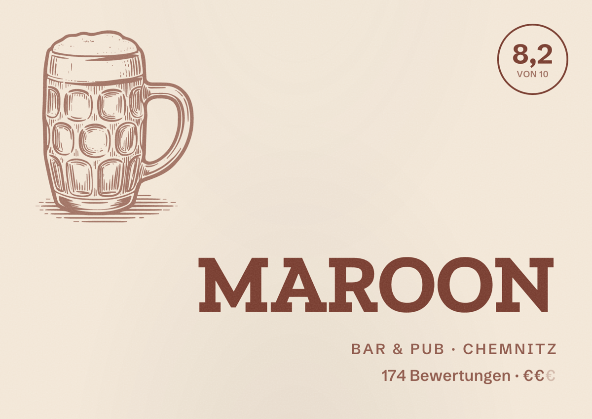 Illustriertes Poster von MAROON, Bar & Pub in Chemnitz: Bewertung 8,2 von 10 aus 174 Bewertungen, Preisniveau €€