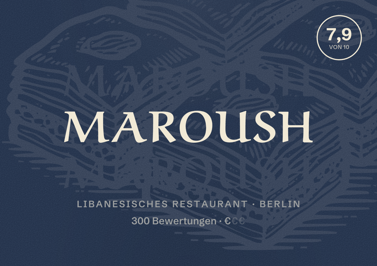 Illustriertes Poster von Maroush, Libanesisches Restaurant in Berlin: Bewertung 7,9 von 10 aus 300 Bewertungen, Preisniveau €