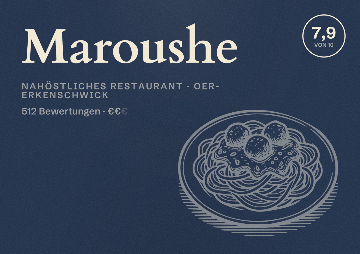 Illustriertes Poster von Maroushe, Nahöstliches Restaurant in Oer-Erkenschwick: Bewertung 7,9 von 10 aus 512 Bewertungen, Preisniveau €€