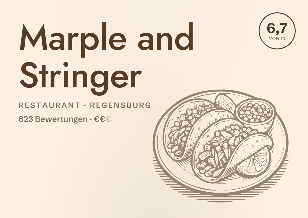 Illustriertes Poster von Marple and Stringer, Restaurant in Regensburg: Bewertung 6,7 von 10 aus 623 Bewertungen, Preisniveau €€