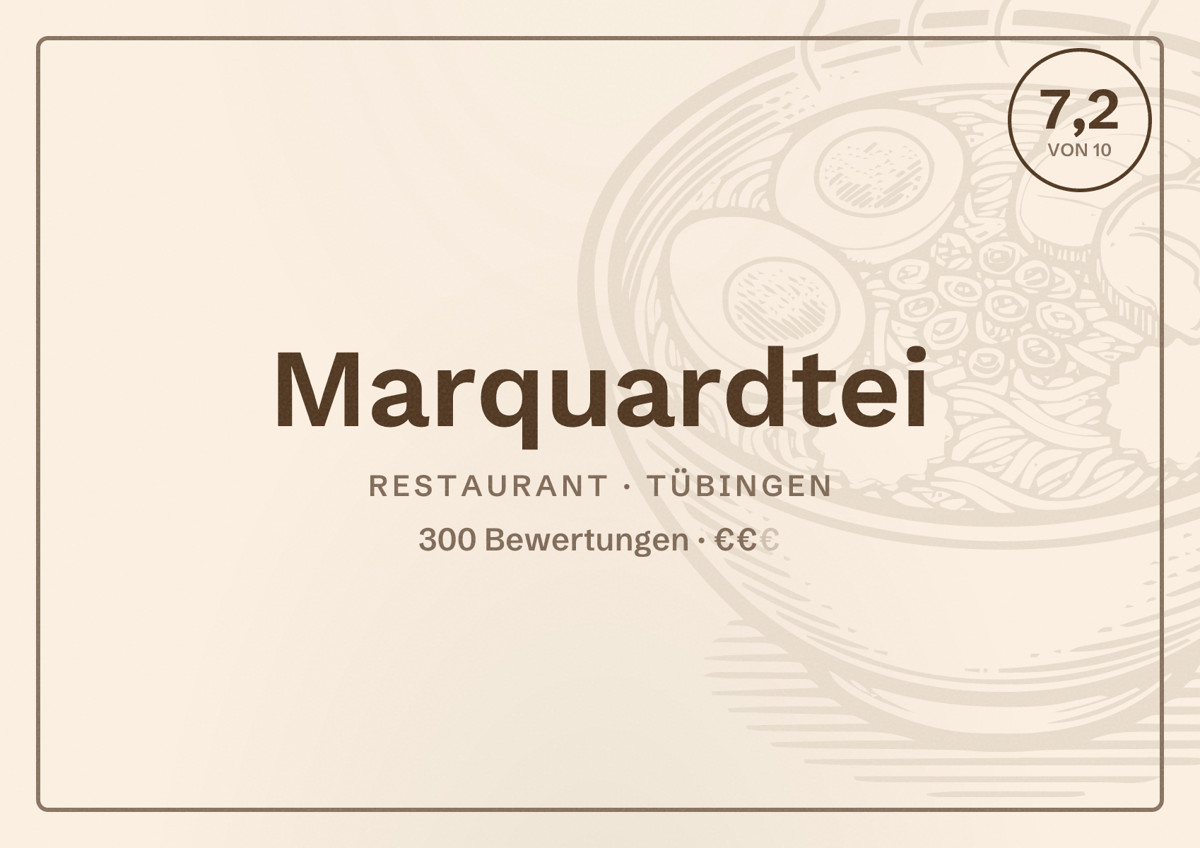 Illustriertes Poster von Marquardtei, Restaurant in Tübingen: Bewertung 7,2 von 10 aus 300 Bewertungen, Preisniveau €€