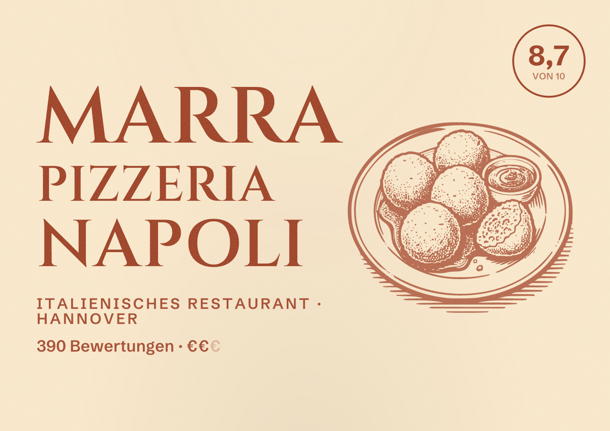 Illustriertes Poster von Marra Pizzeria Napoli, Italienisches Restaurant in Hannover: Bewertung 8,7 von 10 aus 390 Bewertungen, Preisniveau €€