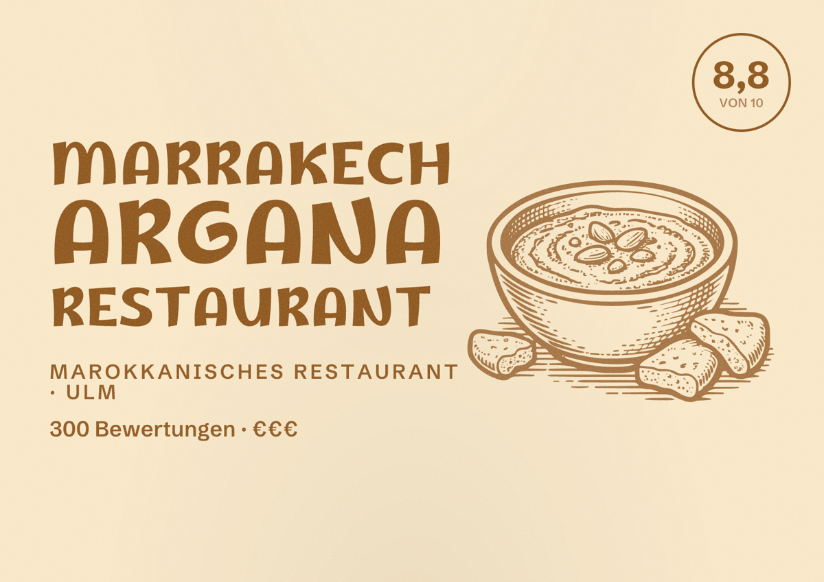 Illustriertes Poster von Marrakech Argana Restaurant, Marokkanisches Restaurant in Ulm: Bewertung 8,8 von 10 aus 300 Bewertungen, Preisniveau €€€