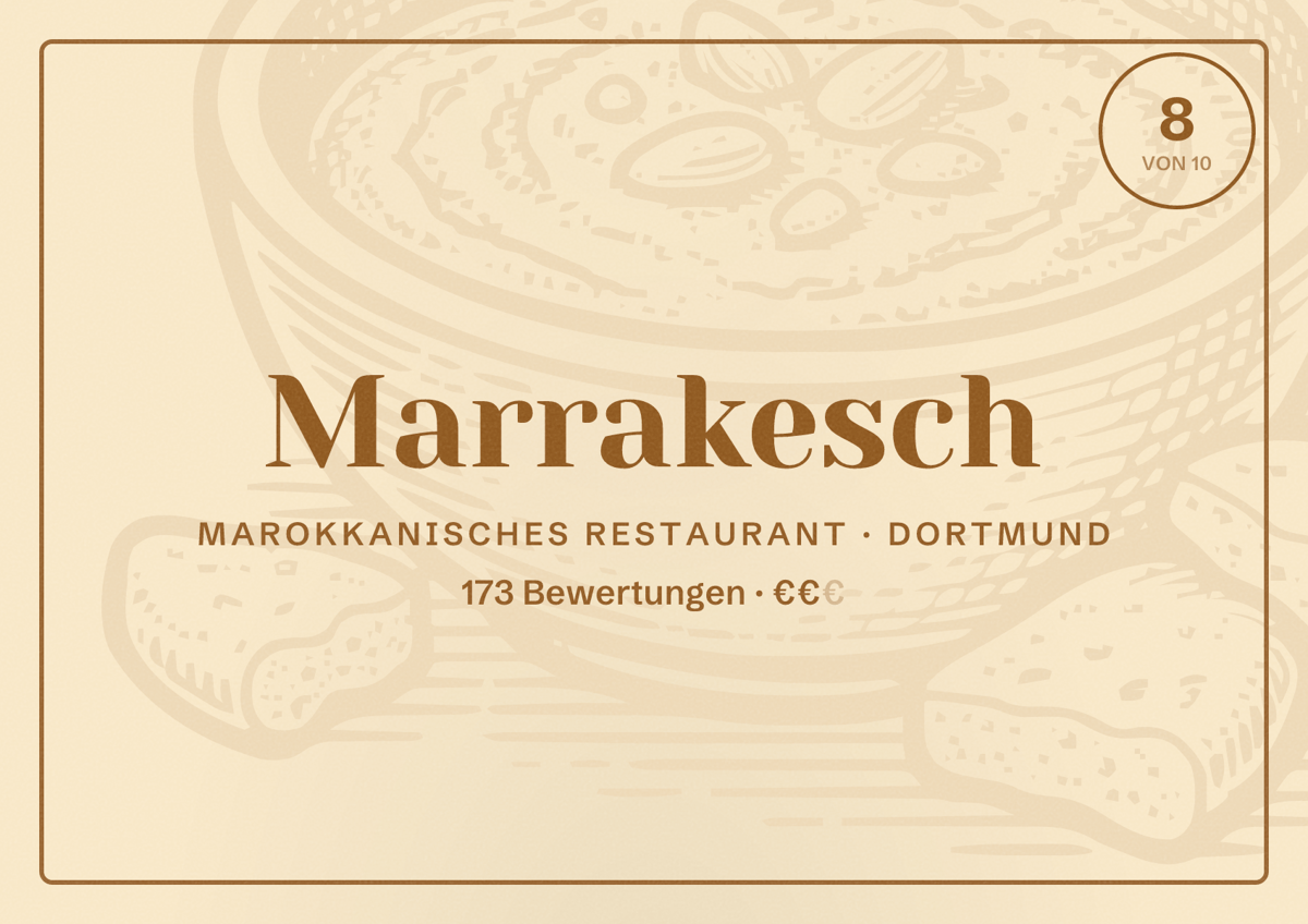 Illustriertes Poster von Marrakesch, Marokkanisches Restaurant in Dortmund: Bewertung 8 von 10 aus 173 Bewertungen, Preisniveau €€