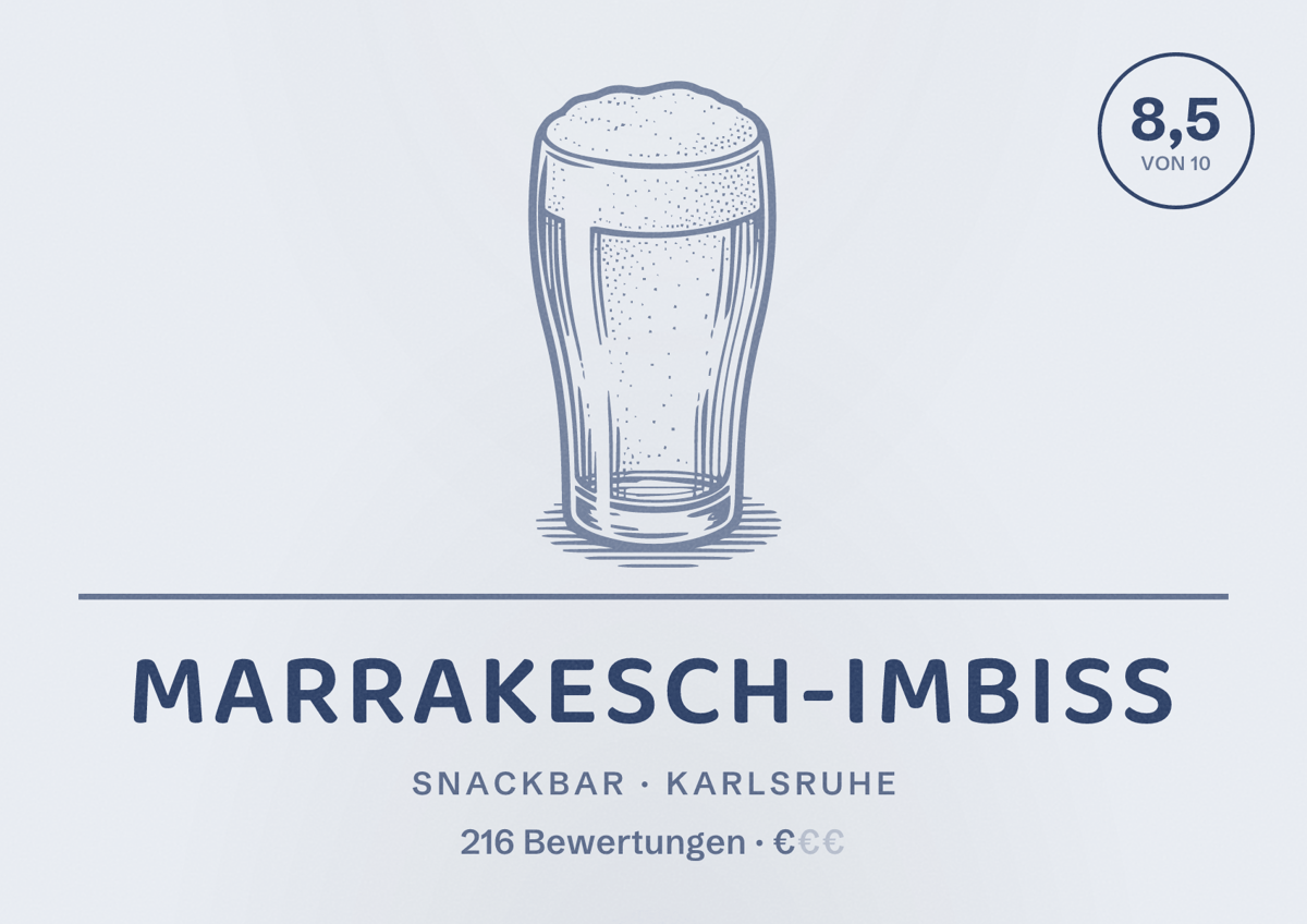 Illustriertes Poster von Marrakesch-Imbiss, Snackbar in Karlsruhe: Bewertung 8,5 von 10 aus 216 Bewertungen, Preisniveau €