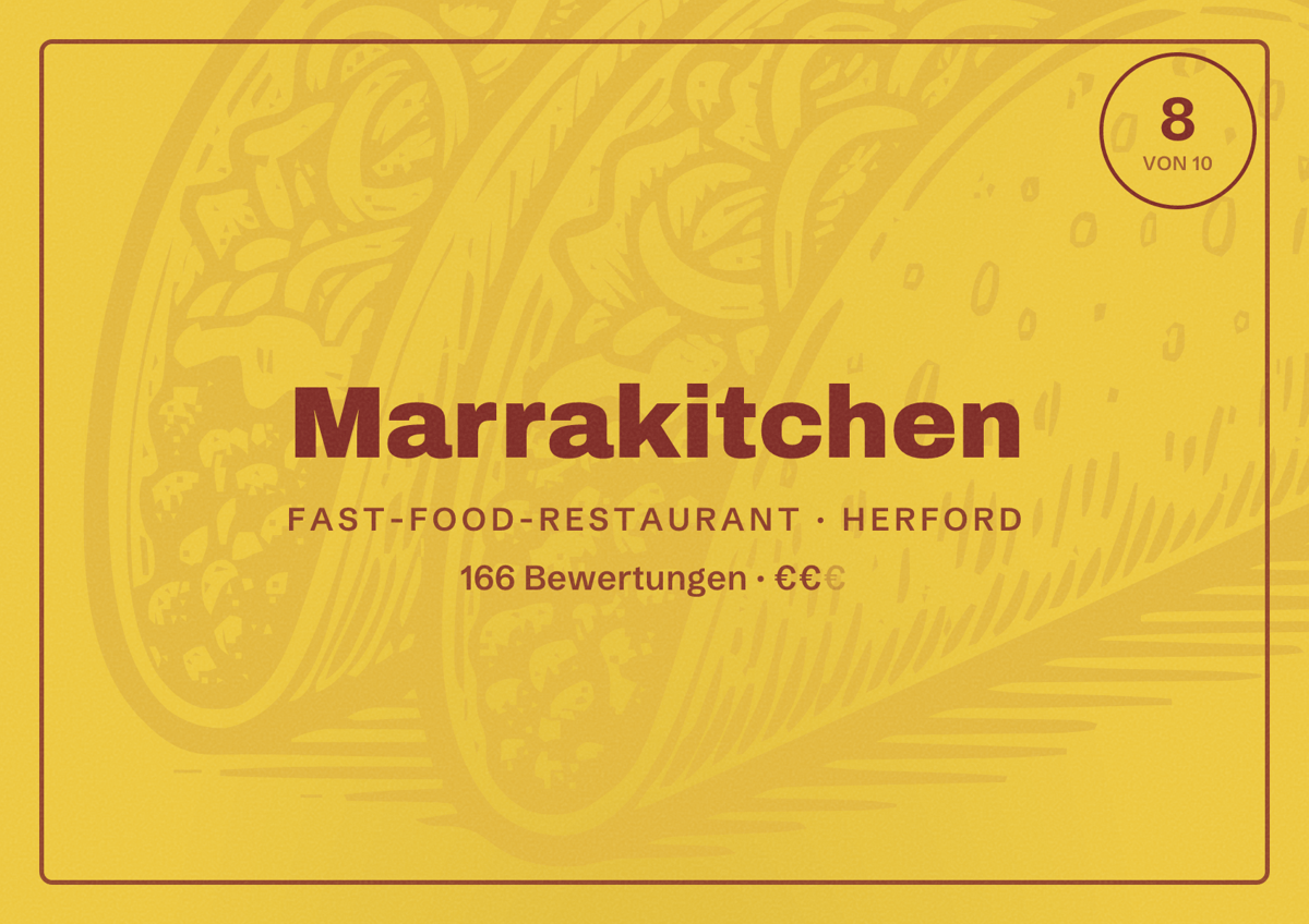 Illustriertes Poster von Marrakitchen, Fast-Food-Restaurant in Herford: Bewertung 8 von 10 aus 166 Bewertungen, Preisniveau €€