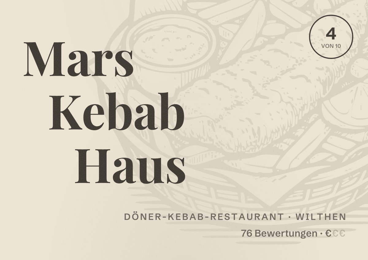 Illustriertes Poster von Mars Kebab Haus, Döner-Kebab-Restaurant in Wilthen: Bewertung 4 von 10 aus 76 Bewertungen, Preisniveau €