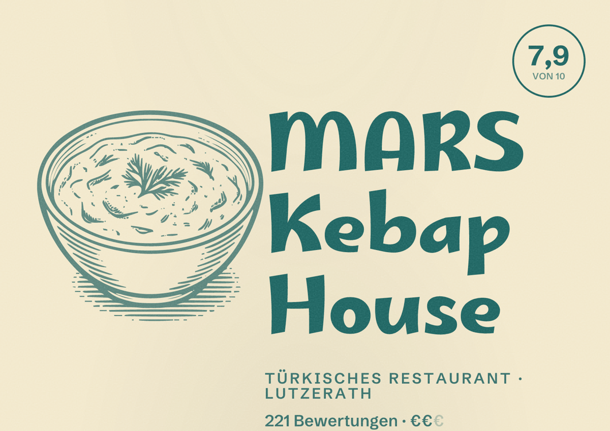 Illustriertes Poster von MARS Kebap House, Türkisches Restaurant in Lutzerath: Bewertung 7,9 von 10 aus 221 Bewertungen, Preisniveau €€
