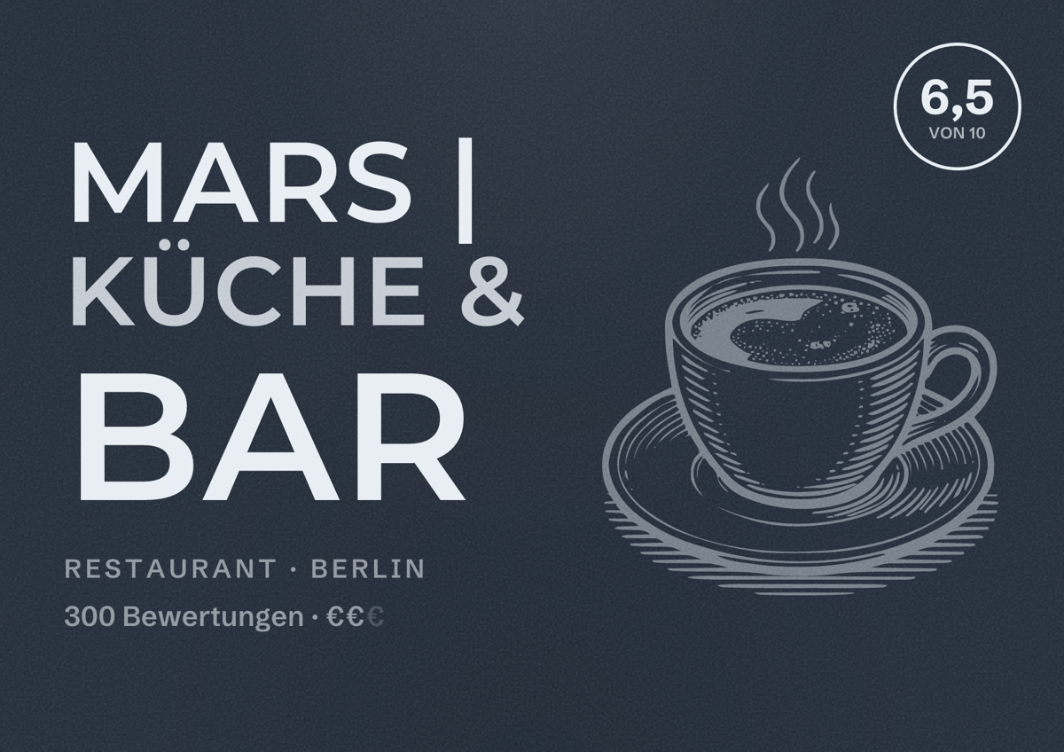 Illustriertes Poster von MARS | Küche & Bar, Restaurant in Berlin: Bewertung 6,5 von 10 aus 300 Bewertungen, Preisniveau €€