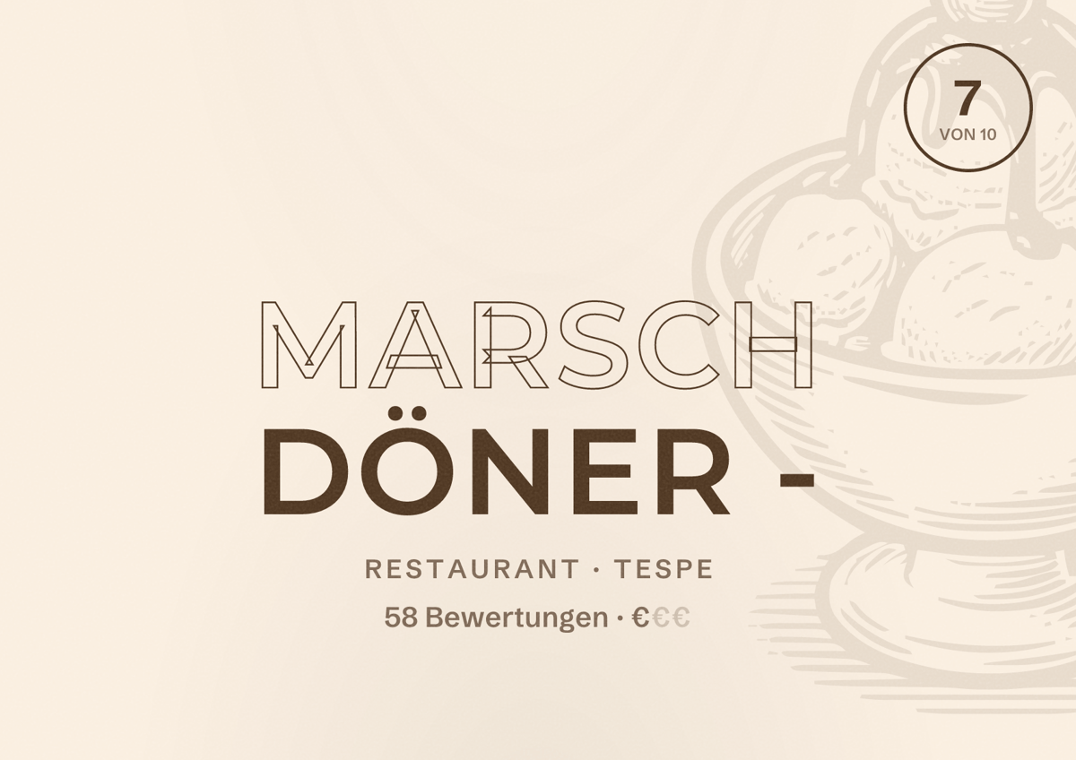 Illustriertes Poster von Marsch Döner -, Restaurant in Tespe: Bewertung 7 von 10 aus 58 Bewertungen, Preisniveau €