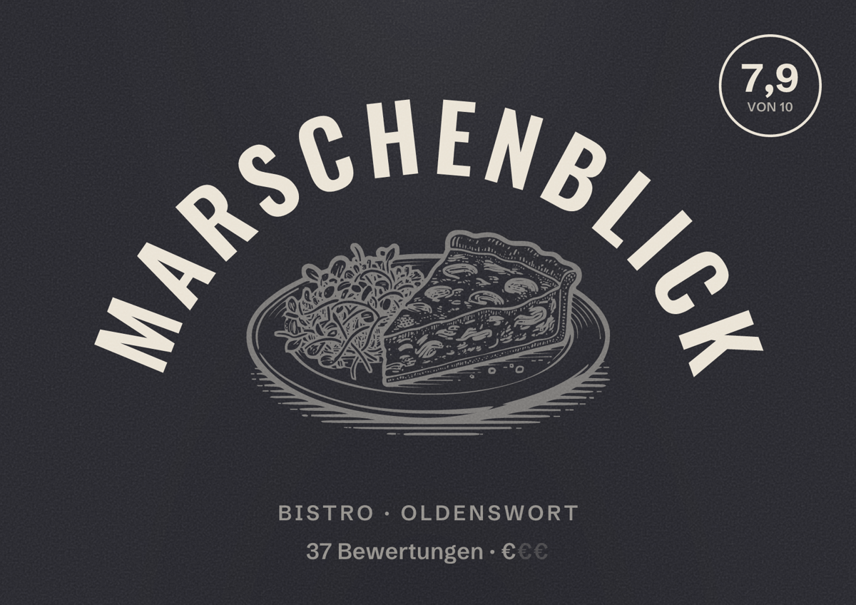 Illustriertes Poster von Marschenblick, Bistro in Oldenswort: Bewertung 7,9 von 10 aus 37 Bewertungen, Preisniveau €