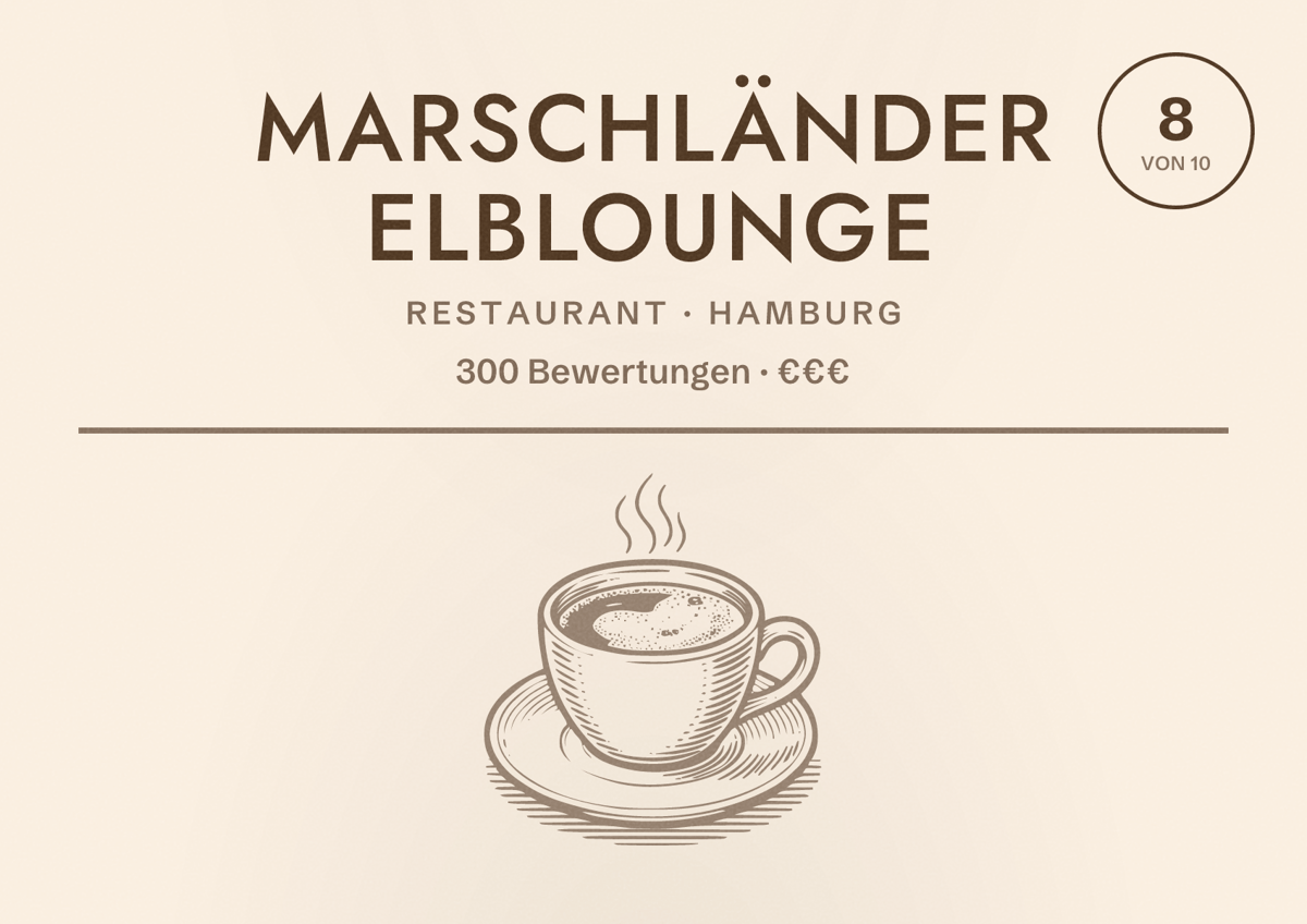 Illustriertes Poster von Marschländer Elblounge, Restaurant in Hamburg: Bewertung 8,0 von 10 aus 300 Bewertungen, Preisniveau €€€