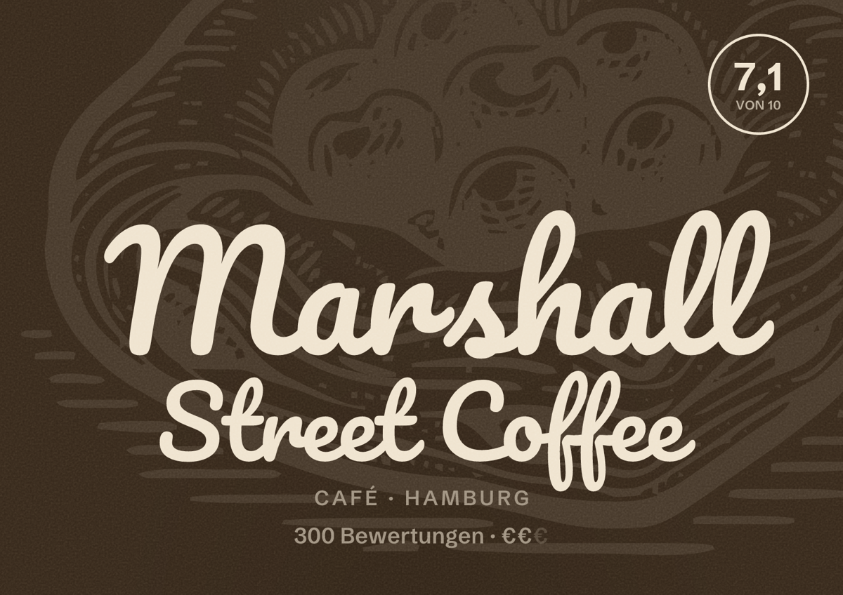 Illustriertes Poster von Marshall Street Coffee, Café in Hamburg: Bewertung 7,1 von 10 aus 300 Bewertungen, Preisniveau €€