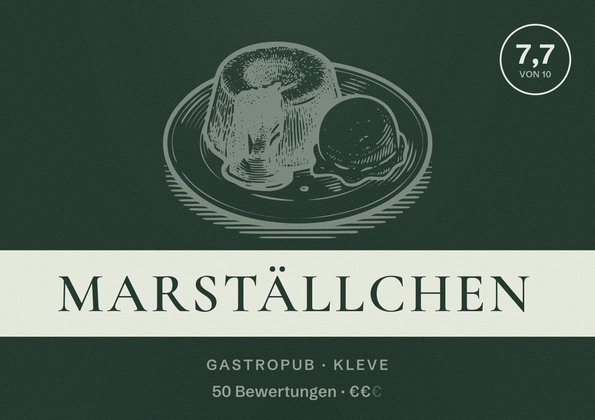 Illustriertes Poster von Marställchen, Gastropub in Kleve: Bewertung 7,7 von 10 aus 50 Bewertungen, Preisniveau €€