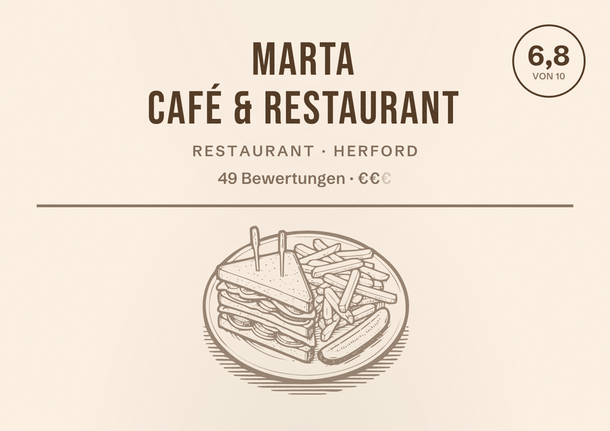 Illustriertes Poster von Marta Café & Restaurant, Restaurant in Herford: Bewertung 6,8 von 10 aus 49 Bewertungen, Preisniveau €€
