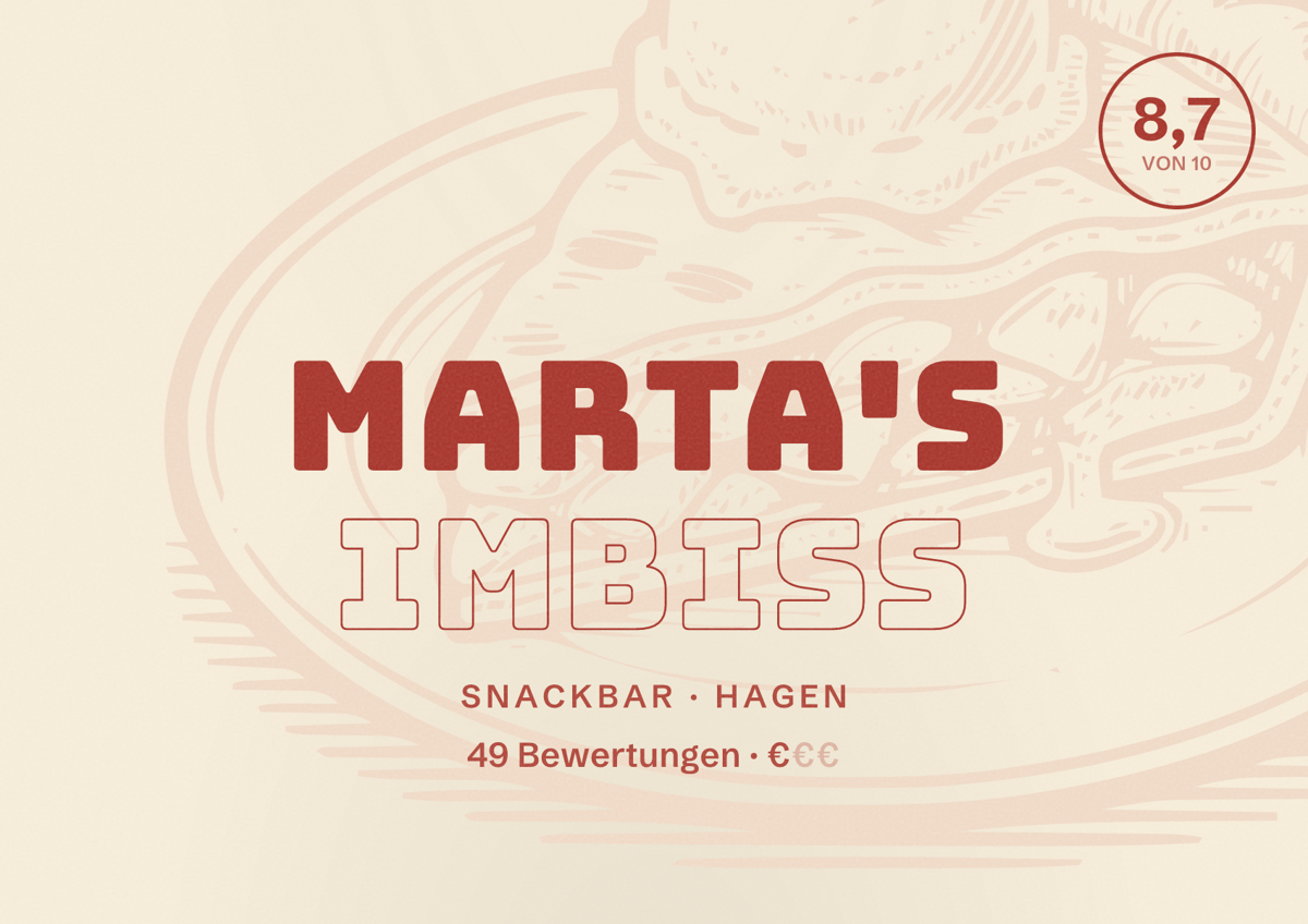 Illustriertes Poster von Marta's Imbiss, Snackbar in Hagen: Bewertung 8,7 von 10 aus 49 Bewertungen, Preisniveau €