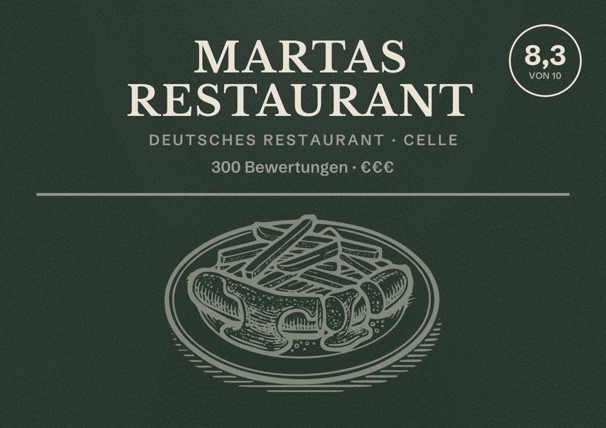 Illustriertes Poster von Martas Restaurant, Deutsches Restaurant in Celle: Bewertung 8,3 von 10 aus 300 Bewertungen, Preisniveau €€€