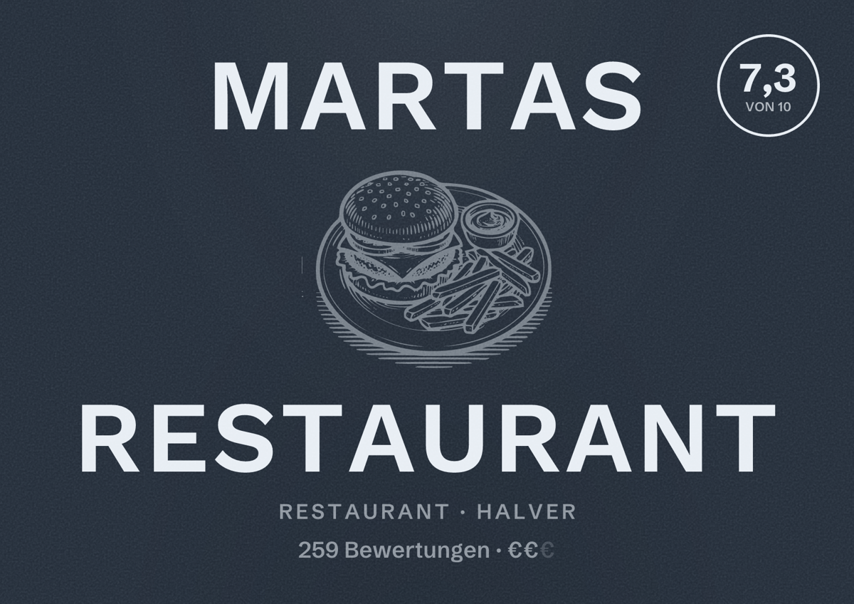 Illustriertes Poster von Martas Restaurant, Restaurant in Halver: Bewertung 7,3 von 10 aus 259 Bewertungen, Preisniveau €€
