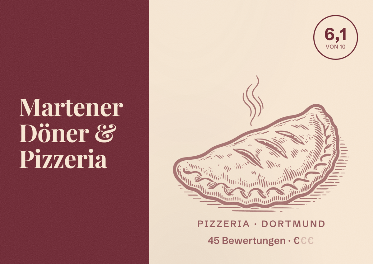 Illustriertes Poster von Martener Döner & Pizzeria, Pizzeria in Dortmund: Bewertung 6,1 von 10 aus 45 Bewertungen, Preisniveau €