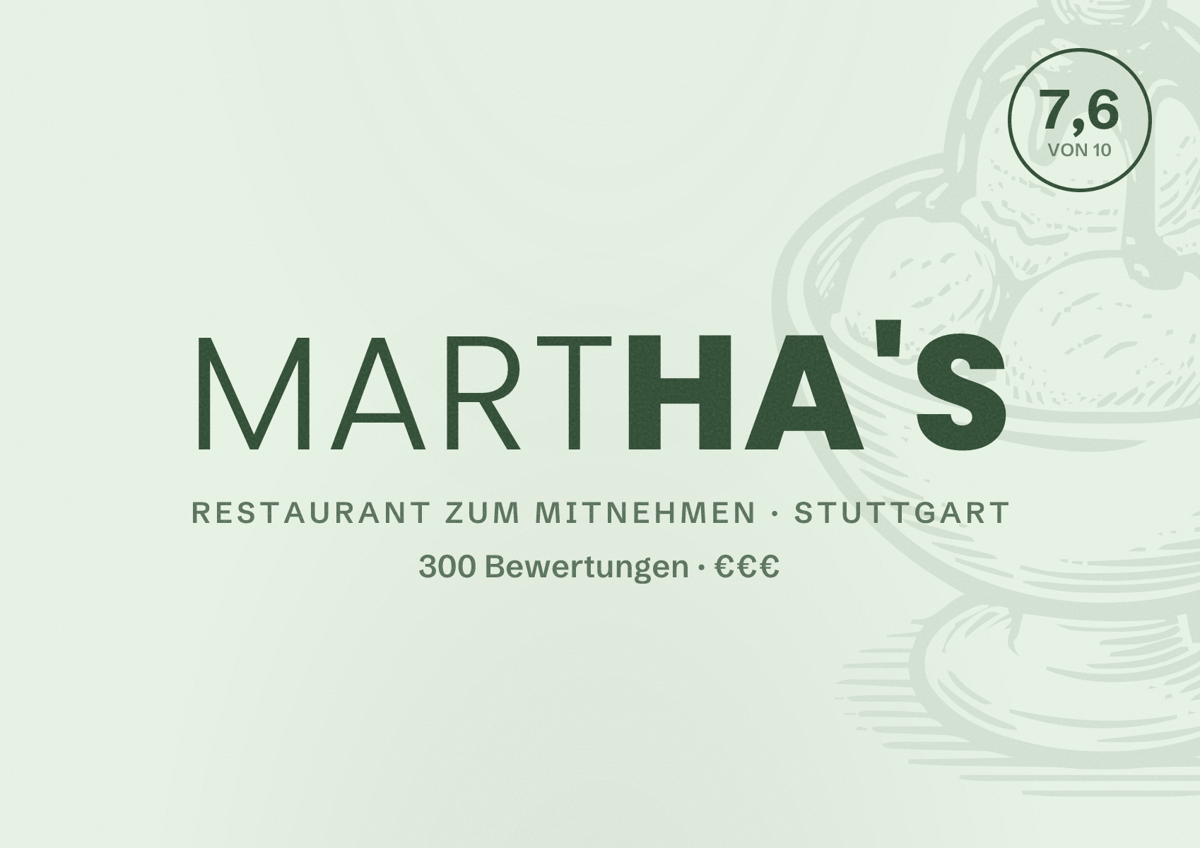 Illustriertes Poster von Martha's, Restaurant zum Mitnehmen in Stuttgart: Bewertung 7,6 von 10 aus 300 Bewertungen, Preisniveau €€€