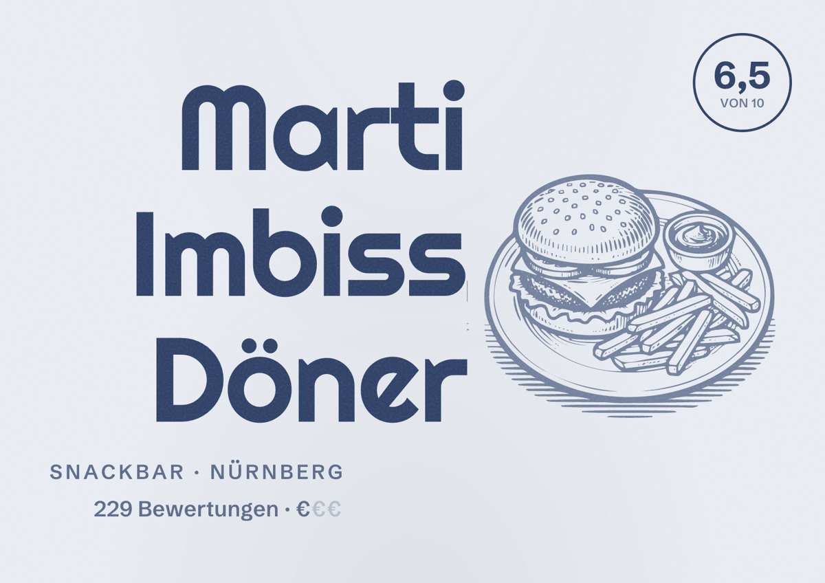 Illustriertes Poster von Marti Imbiss Döner, Snackbar in Nürnberg: Bewertung 6,5 von 10 aus 229 Bewertungen, Preisniveau €