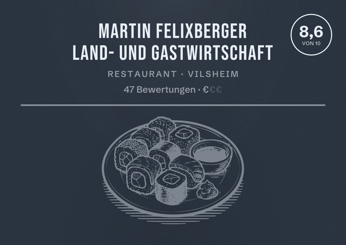 Illustriertes Poster von Martin Felixberger Land- und Gastwirtschaft, Restaurant in Vilsheim: Bewertung 8,6 von 10 aus 47 Bewertungen, Preisniveau €