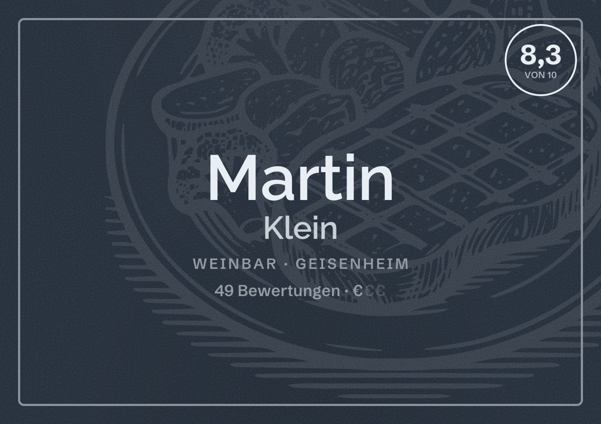 Illustriertes Poster von Martin Klein, Weinbar in Geisenheim: Bewertung 8,3 von 10 aus 49 Bewertungen, Preisniveau €