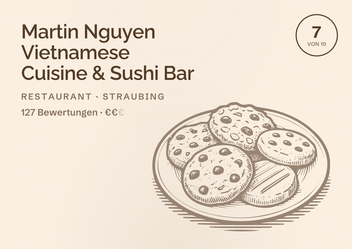 Illustriertes Poster von Martin Nguyen Vietnamese Cuisine & Sushi Bar, Restaurant in Straubing: Bewertung 7 von 10 aus 127 Bewertungen, Preisniveau €€