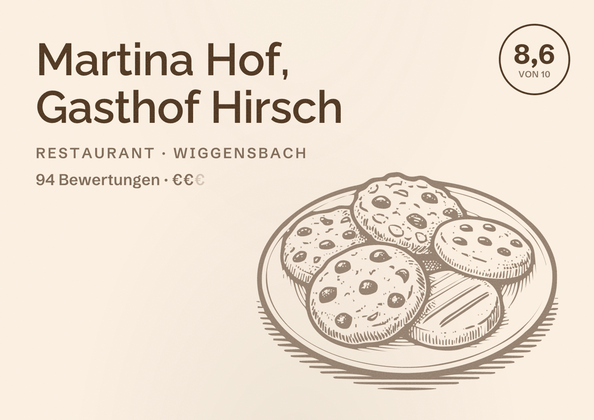 Illustriertes Poster von Martina Hof, Gasthof Hirsch, Restaurant in Wiggensbach: Bewertung 8,6 von 10 aus 94 Bewertungen, Preisniveau €€