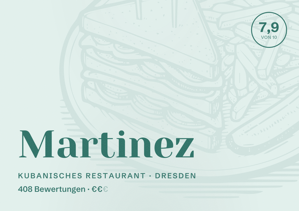 Illustriertes Poster von Martinez, Kubanisches Restaurant in Dresden: Bewertung 7,9 von 10 aus 408 Bewertungen, Preisniveau €€