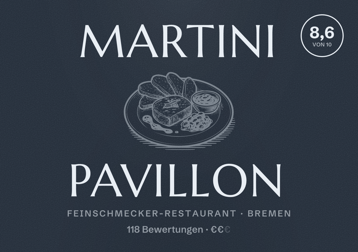 Illustriertes Poster von Martini Pavillon, Feinschmecker-Restaurant in Bremen: Bewertung 8,6 von 10 aus 118 Bewertungen, Preisniveau €€