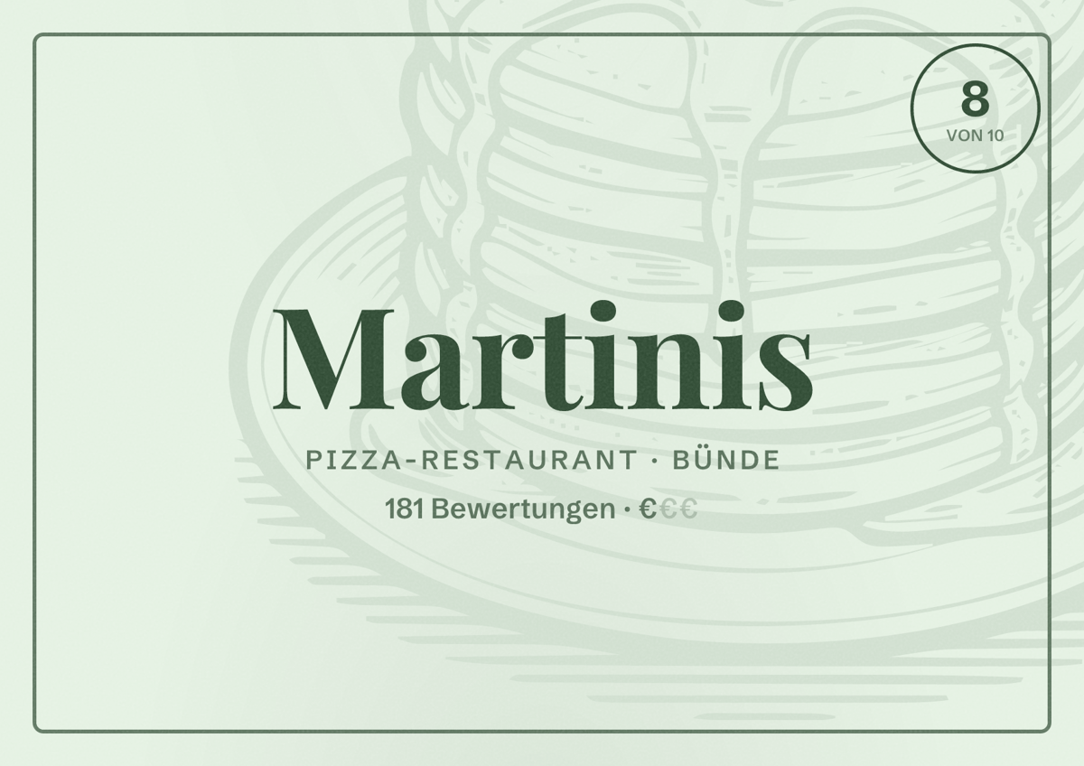 Illustriertes Poster von Martinis, Pizza-Restaurant in Bünde: Bewertung 8 von 10 aus 181 Bewertungen, Preisniveau €