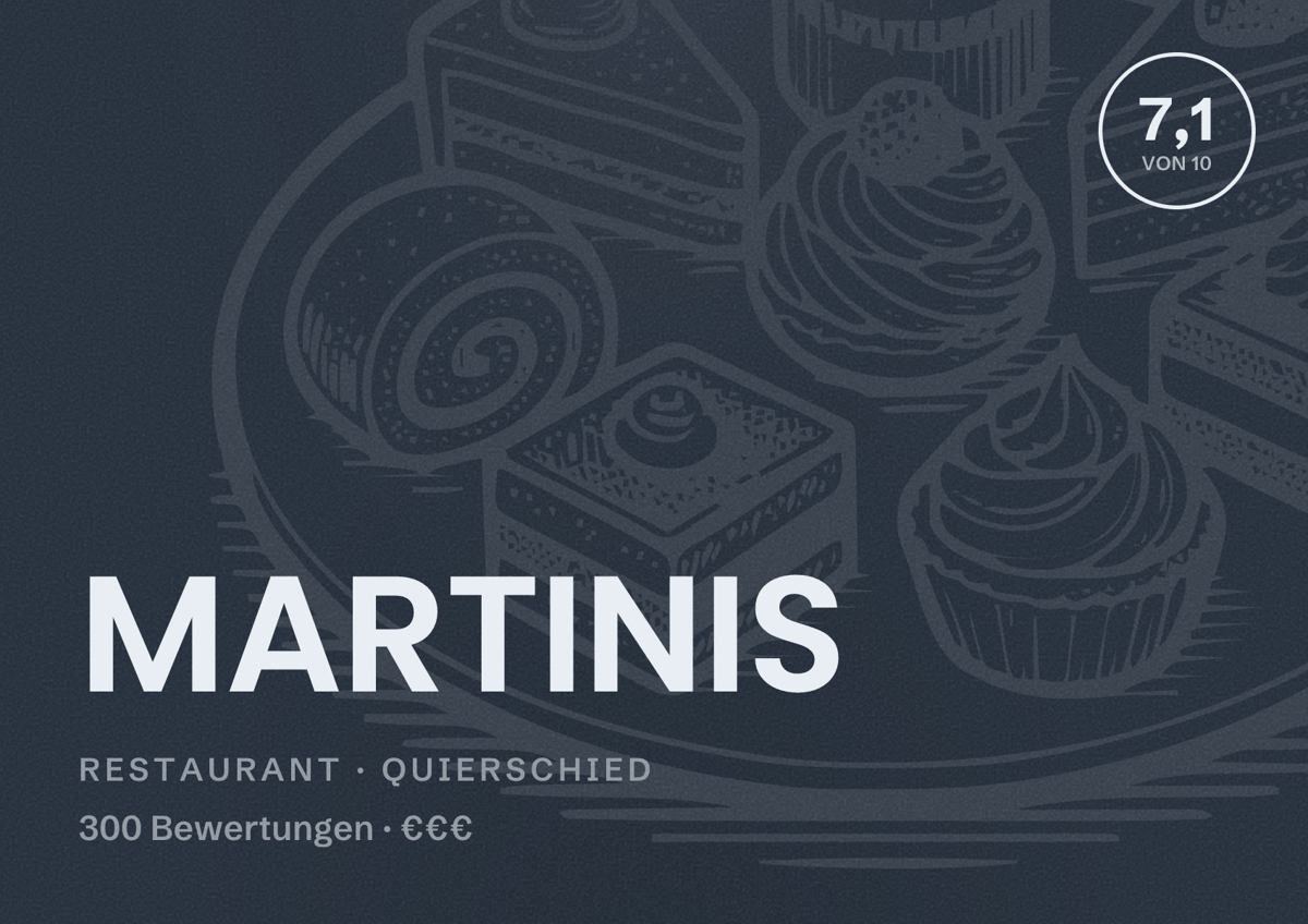 Illustriertes Poster von MARTINIS, Restaurant in Quierschied: Bewertung 7,1 von 10 aus 300 Bewertungen, Preisniveau €€€