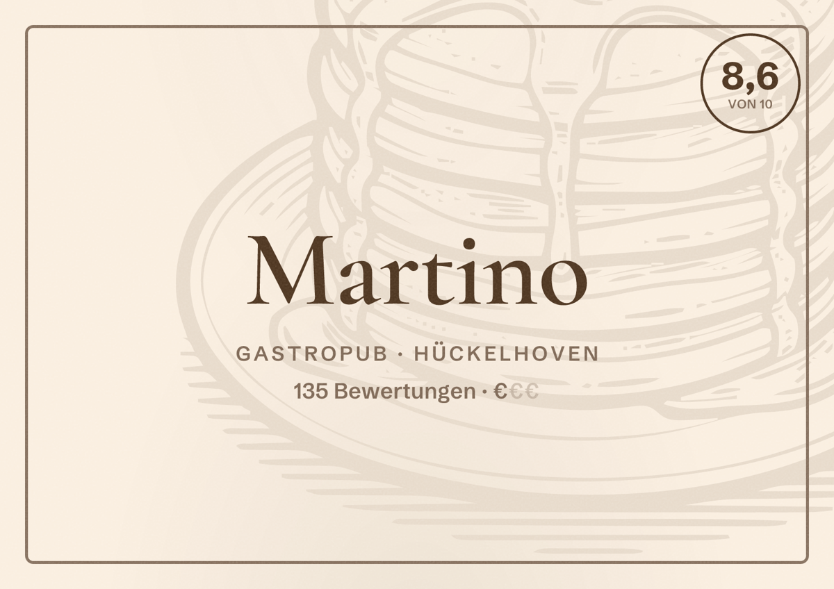 Illustriertes Poster von Martino, Gastropub in Hückelhoven: Bewertung 8,6 von 10 aus 135 Bewertungen, Preisniveau €