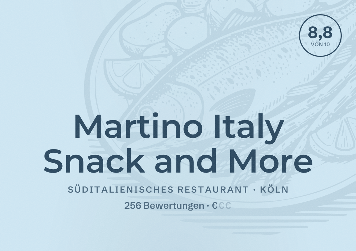 Illustriertes Poster von Martino Italy Snack and More, Süditalienisches Restaurant in Köln: Bewertung 8,8 von 10 aus 256 Bewertungen, Preisniveau €