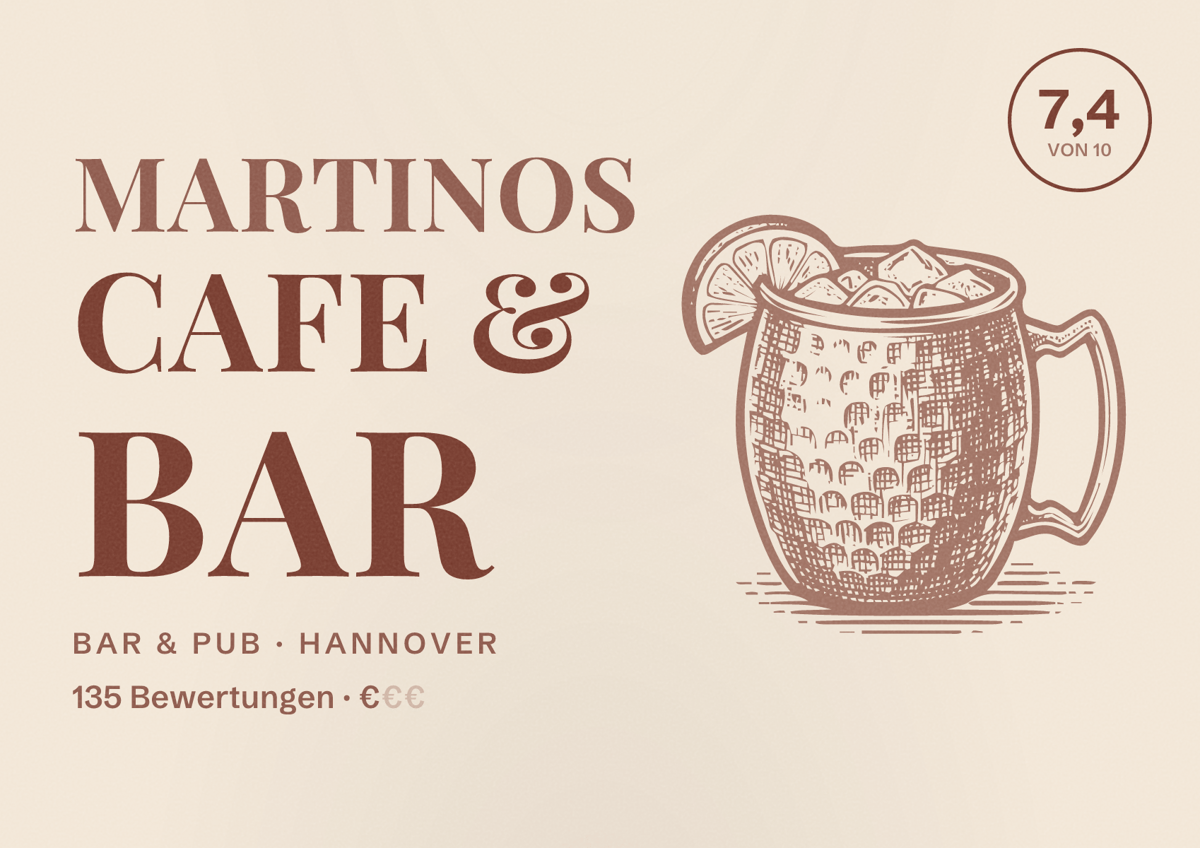 Illustriertes Poster von Martinos Cafe & Bar, Bar & Pub in Hannover: Bewertung 7,4 von 10 aus 135 Bewertungen, Preisniveau €