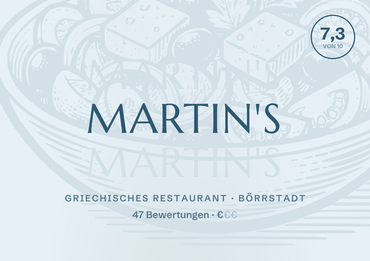 Illustriertes Poster von Martin's, Griechisches Restaurant in Börrstadt: Bewertung 7,3 von 10 aus 47 Bewertungen, Preisniveau €