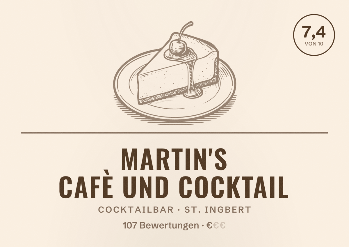 Illustriertes Poster von Martin's Cafè und Cocktail, Cocktailbar in St. Ingbert: Bewertung 7,4 von 10 aus 107 Bewertungen, Preisniveau €