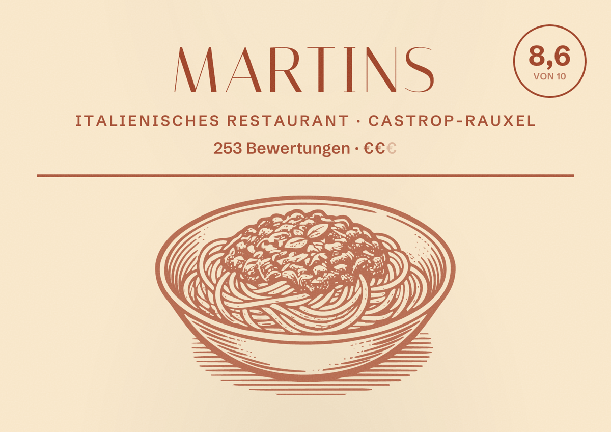Illustriertes Poster von Martins, Italienisches Restaurant in Castrop-Rauxel: Bewertung 8,6 von 10 aus 253 Bewertungen, Preisniveau €€