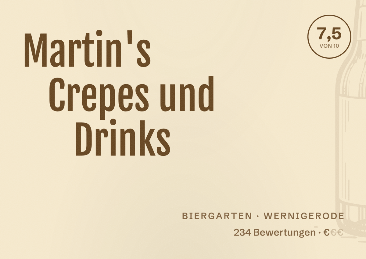 Illustriertes Poster von Martin's Crepes und Drinks, Biergarten in Wernigerode: Bewertung 7,5 von 10 aus 234 Bewertungen, Preisniveau €