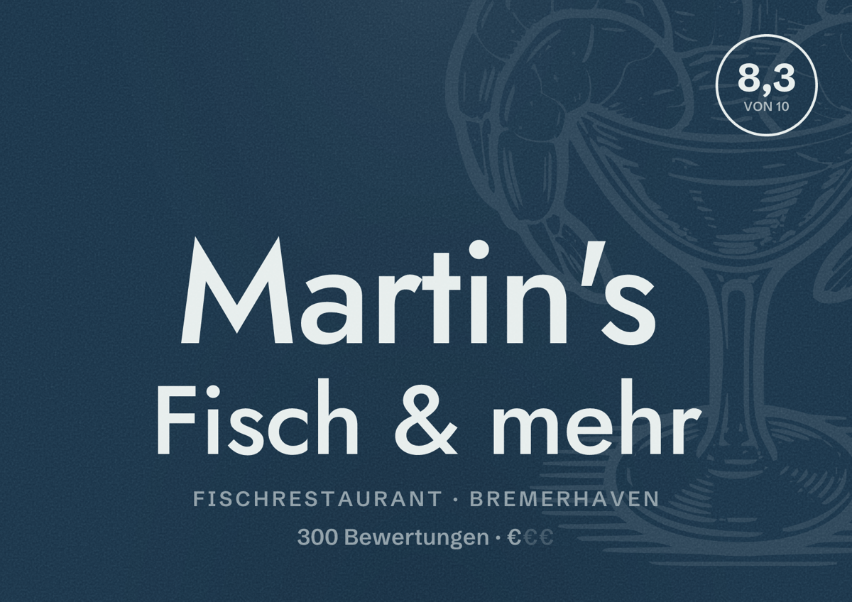Illustriertes Poster von Martin's Fisch & mehr, Fischrestaurant in Bremerhaven: Bewertung 8,3 von 10 aus 300 Bewertungen, Preisniveau €