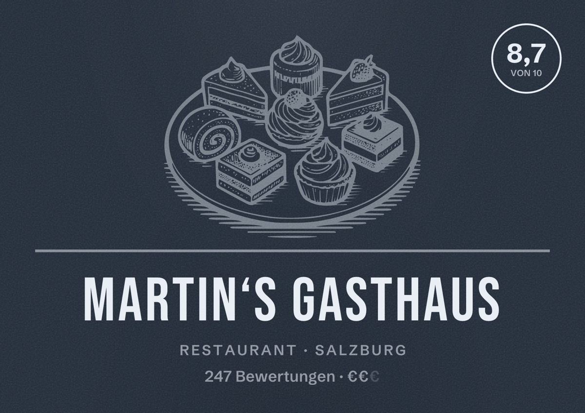 Illustriertes Poster von Martin‘s Gasthaus, Restaurant in Salzburg: Bewertung 8,7 von 10 aus 247 Bewertungen, Preisniveau €€