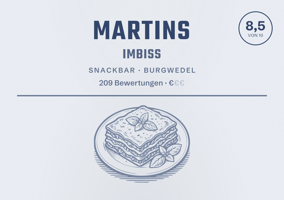 Illustriertes Poster von Martins Imbiss, Snackbar in Burgwedel: Bewertung 8,5 von 10 aus 209 Bewertungen, Preisniveau €