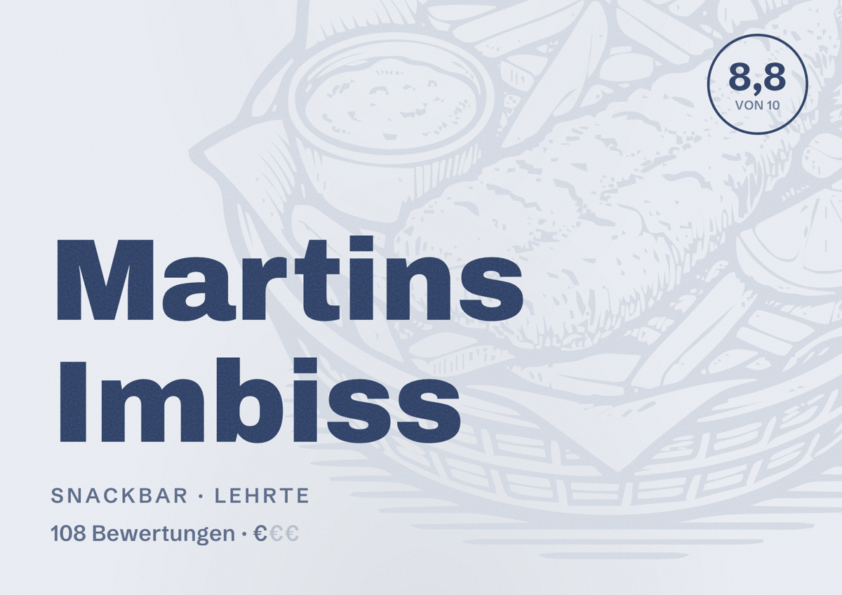 Illustriertes Poster von Martins Imbiss, Snackbar in Lehrte: Bewertung 8,8 von 10 aus 108 Bewertungen, Preisniveau €