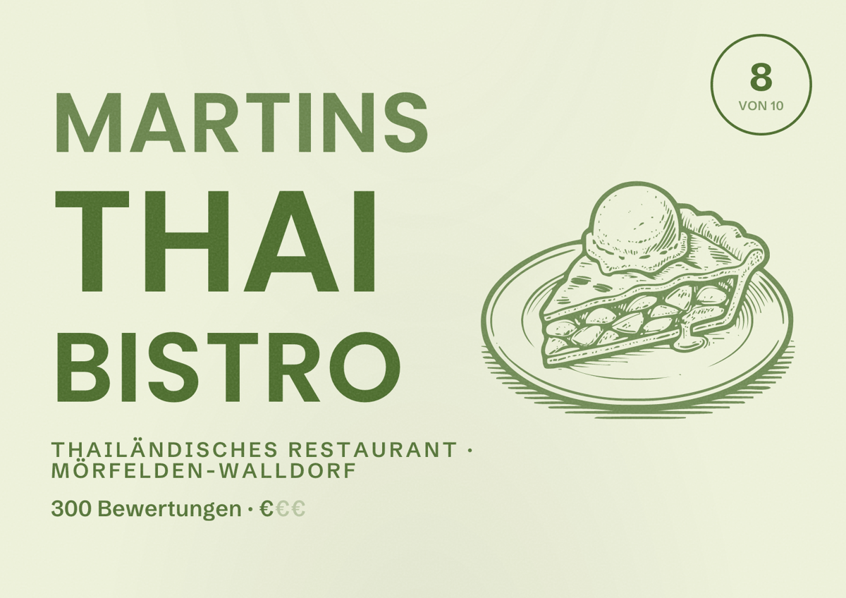 Illustriertes Poster von Martins Thai Bistro, Thailändisches Restaurant in Mörfelden-Walldorf: Bewertung 8 von 10 aus 300 Bewertungen, Preisniveau €