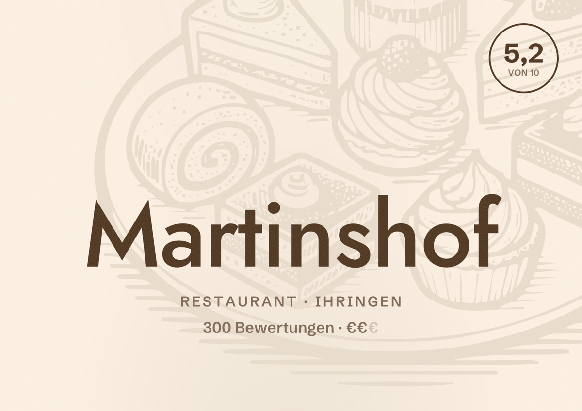 Illustriertes Poster von Martinshof, Restaurant in Ihringen: Bewertung 5,2 von 10 aus 300 Bewertungen, Preisniveau €€