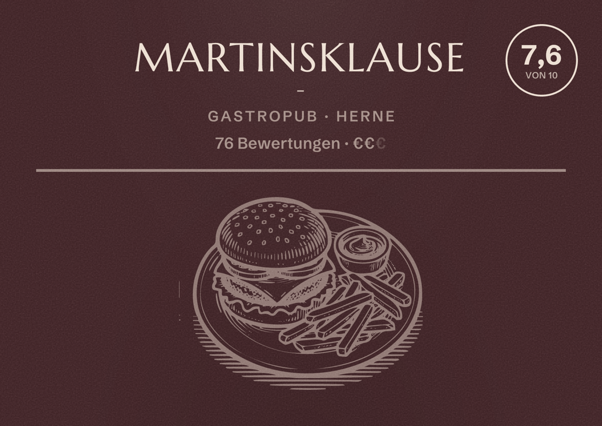 Illustriertes Poster von Martinsklause -, Gastropub in Herne: Bewertung 7,6 von 10 aus 76 Bewertungen, Preisniveau €€
