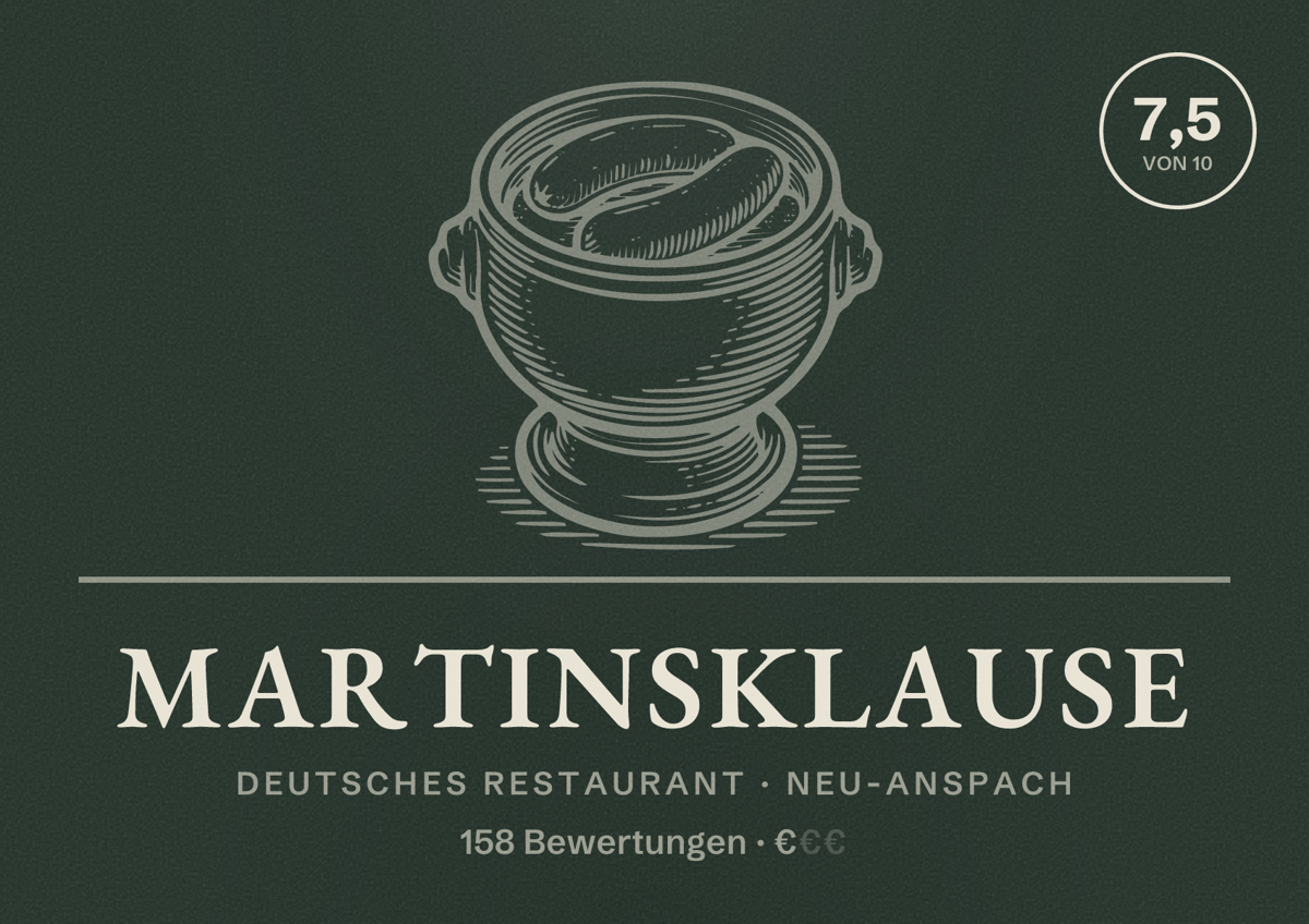 Illustriertes Poster von Martinsklause, Deutsches Restaurant in Neu-Anspach: Bewertung 7,5 von 10 aus 158 Bewertungen, Preisniveau €